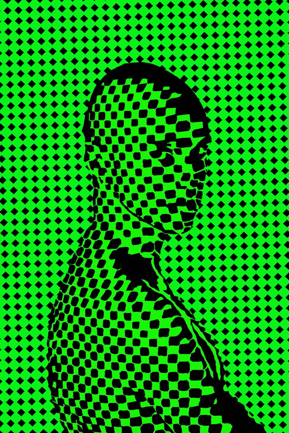 ein Schwarzes Raster aus Karos ist nach links abfallend auf grünes Papier gedruckt. Im Zentrum des Bildes erscheint der Oberkörper einer Person, die über die rechte Schulter zum Betrachter blickt. Die Person selbst wird ausschließlich durch eine Verformung des Rasters dargestellt